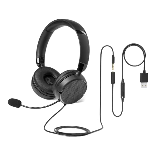 , auriculares supraaurales con cable, micrófono ajustable, conexión de 3,5 mm, control por cable con USB-A, plegables, para oficina, teléfono inteligente, computadora portátil, negros