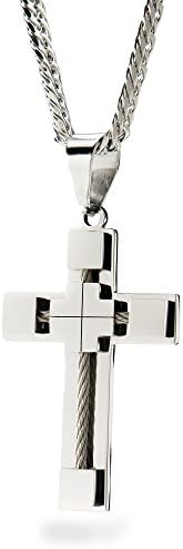 Stainless Steel Silver Tone Men's Large Cable Cross Pendant with 24" Curb Chain Necklace