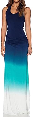 WIWIQS Women`s Tie Dye Ombre Dress Tank Top Casual Maxi Long Dress Dark Blue and Green S