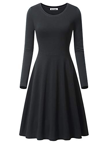VETIOR Fall Dress, Women's Long Sleeve Round Neckline Simple Design Midi Dress 17033-1 Medium Black