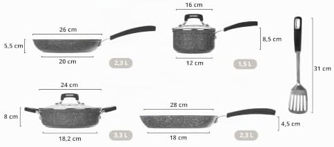 Batterie de casseroles New Petra Dark, casseroles et poêles pour induction et four jusqu'à 180°C, antiadhésives avec manique et cuillère en acier (7 pièces)