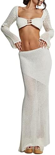 Seyurigaoka Women's Crochet Knit 2 Piece Skirt Sets Hollow Out Knitted Crop  Top Side Slit Bodycon Long Skirt Set Beach Maxi Dresses, A Cutout White, S  price in UAE | Amazon UAE | kanbkam
