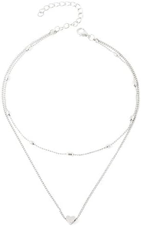 Tpocean Multi-layers Gold Silver Beaded Simple Choker Long Tassel Pendant Necklace for Party Wedding Jewelry Gifts (Silver)