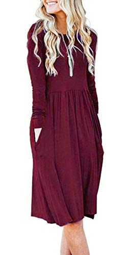 AUSELILY Womens Long Sleeve Pleated Loose Swing Casual Dress with Pockets Knee Length (L,Wine Red)