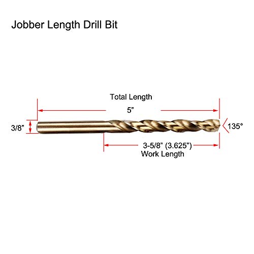 Migiwata 3/8 Inch Fractional Size M35 Cobalt Steel Twist Drill Bit Set of 5pcs - Jobber Length and Straight Shank - Extremely Heat Resistant – Perfect Drilling in Stainless Steel and Cast Iron - Thumbnail 2