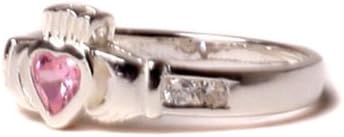 Claddagh Silver Ring with Pink Tourmaline October Month Birthstone Cubic Zirconia Stone