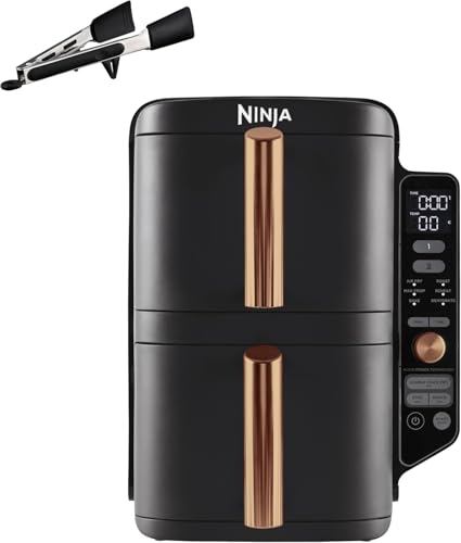 Ninja Double Stack XL Heißluftfritteuse, 2 vertikale Schubladen, 4 Kochstufen, 2 Einschübe, platzsparendes Design, 9,5 L Fassungsvermögen, 6 Funktionen, 8 Portionen, Zange, Schwarz/Kupfer SL400EUCP