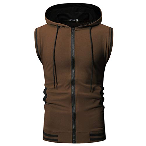 Allywit-Mens Slim Fit Lightweight Active Sleeveless Zip-up Hooded Vest Gym Tank Top Coat Coffee - Thumbnail 7