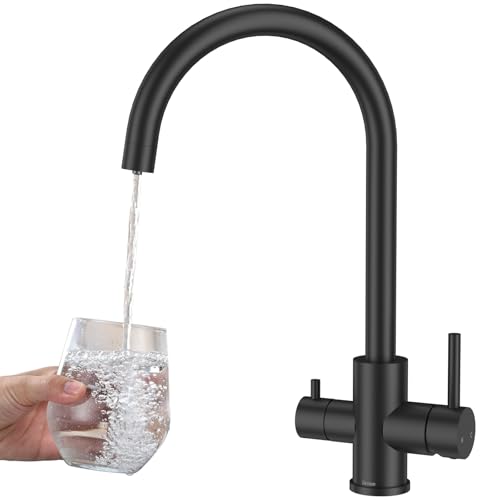 DETBOM 3 Way Kitchen Sink Tap for Osmosis Systems, 3 in 1 Double Lever Drinking Water, Hot and Cold, 360° Swivel, Stainless Steel, Matt Black