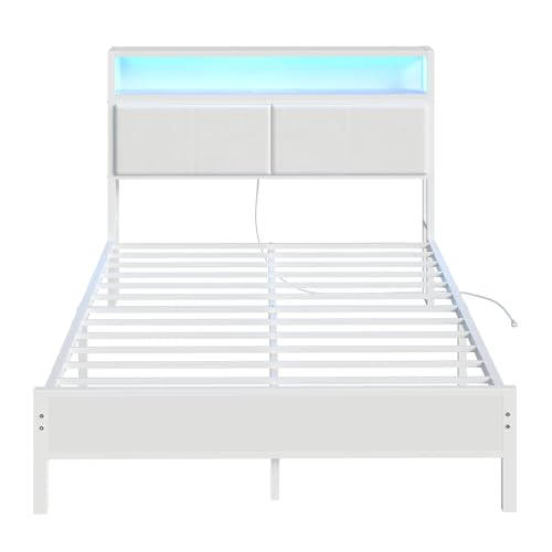 HOOBRO Full Bed Frame, Metal Platform Bed Frame with Charging Station and LED Light, Headboard with Shelves, No Box Springs Needed, White WT03UDBF01