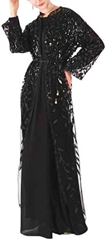 Fensajomon Women Embroidery Ramadan Glitter Sequins Cardigan Open Front Islamic Muslim Abaya Robe