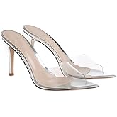 RYNKOMA Women'S Clear Pointed Open Toe Stiletto Heel Slide Sandals Fashion Sexy Slip On Transparent Strap High Heels Mules Summer Backless Party Wedding Prom Dress Shoes