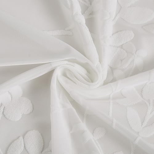 Treatmentex Sheer Curtains with Eyelets, Set of 2 Modern Curtains with Leaf Print, White Curtains for Living Room, Bedroom and Dining Room, 140 x 245 cm