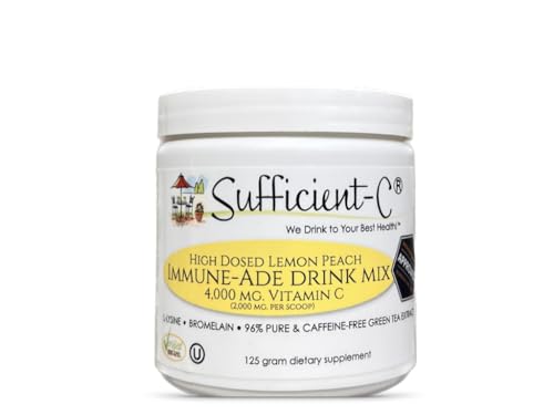 Sufficient-C High Dose Non-GMO Vitamin C Lemon Peach Immune-Ade Drink Mix, Convenient 125 Gram Size w/L-lysine, Bromelain & a Premium 96% Pure Green Tea Extract - Stomach Friendly, Adrenal Supportive