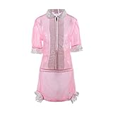 Adult Baby PVC Snap Through Crotch Romper with White PVC Frills (Medium, Pink)