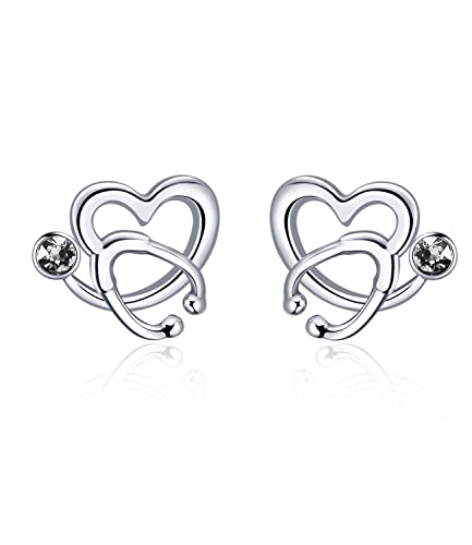 AOBOCO Sterling Silver Stethoscope Earrings Studs Heart Ear Stud Nurse Jewelry with CrystalGift for Doctor Nurse Medical Student White — image 1