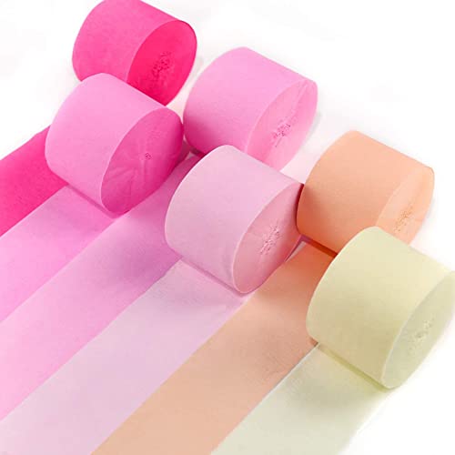 PartyWoo Pink Crepe Paper Streamers 6 Rolls 492 ft Pack of Light and Hot Pink Peach Light Yellow Crepe Paper for Wedding Baby Shower Gender Reveal Birthday Party Decorations (1.8 Inch x 82 Ft/Roll)