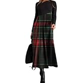 Womens Casual Boho Floral Long Sleeve Maxi Dress Fall Winter Spring Plaid A-line Swing Empire Waist Pleated Dresses for Women