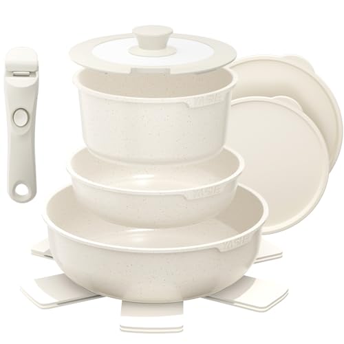 Juego de ollas y sartenes de 9 piezas, antiadherente, mango desmontable, apto para inducción y horno, diseño apilable, color blanco