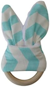 #1 Teether Natural Wooden Baby Ring With Minky Fabric Bunny Ears (Baby Blue)