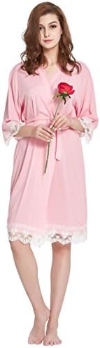 Women’s Robe Soft Cotton Solid Color Kimono With Floral Lace Trim,3/4 Sleeves (Small, Light-Pink)