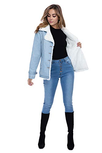 Nicasia Women\'s Winter Denim Jacket Sherpa Trucker White Faux Fur Collar Fleece Lined Long Sleeve Buttons Thicken Coat Blue (Blue, M)