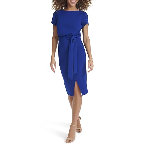 Kensie Women’s Short Sleeve Tie Waist Midi Dress, Cobalt, 14