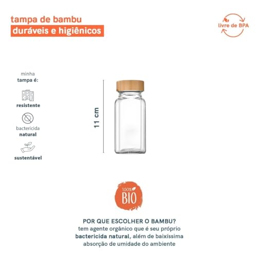 Kit 6 Porta Tempero Vidro Tampa Bambu Pote Organizador Tempero Luxo 120ml Transparente