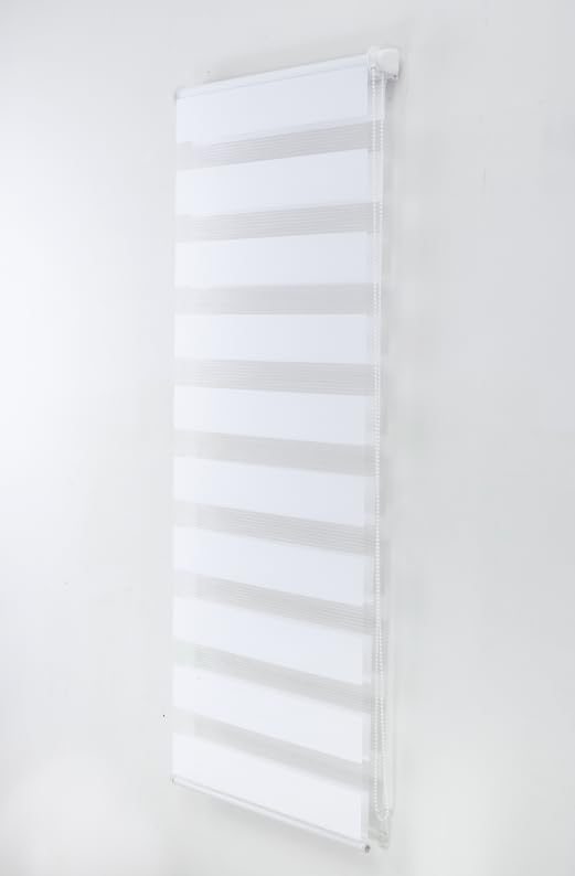 Funky Gadgets Day and Night Roller Blinds Dual Layer Fabric Zebra Blind Translucent or Blackout Vision Roller Shades No Drill Blinds Curtains for Windows and Doors White, 64W x 165H cm