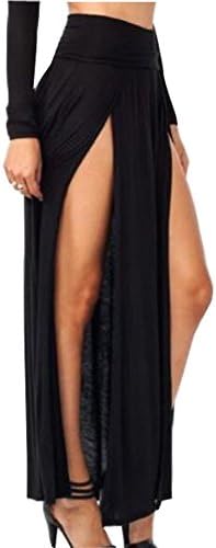 F2Y Solid Color Side Open Split Maxi Skirt Beach Skirt (M, Black)