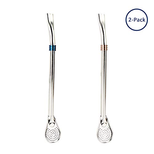Reusable Drinking Spoon, Tearcam 2 Pack Color Assorted Stainless Steel Anti-Scratching Metal Straws Straws Stirrer for Coffee, Tea, Juice, Smoothies