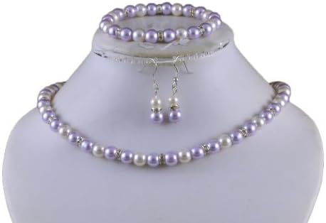 Jays Jewelry - Two Tone Glass Pearl Lilac and Cream with clear rhinestone rondells necklace earrings and bracelet set