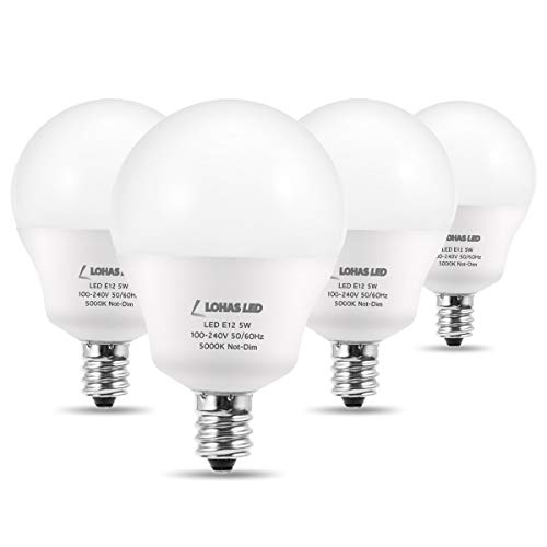 LOHAS E12 5watt (40-60w Equivalent) LED Bulb, Small Base Candelabra Round Light Bulb Daylight 5000K, 600Lumen for Ceiling Fan Light Bulb, G14 LED Globe for Bathroom Vanity Light, Not-Dimmable, 4 Pack