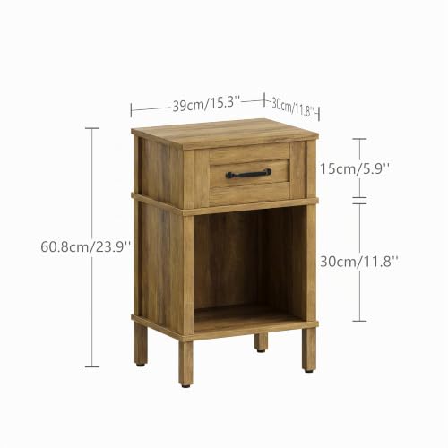 YAUKTAK Wooden Bedside Table Side Table with Drawers Open Compartment Modern Minimalist Bedside Table Bedroom Living Room Rustic Brown LET512DR