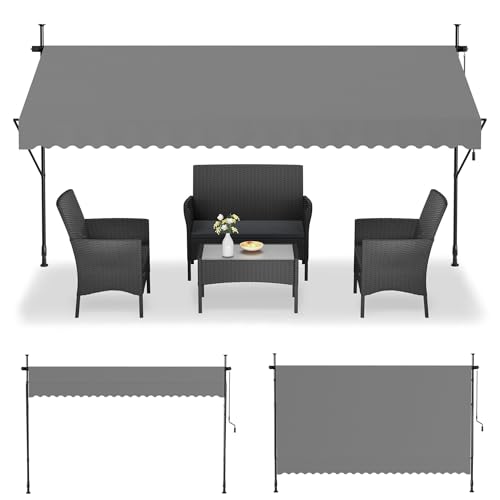 UISEBRT Klemmmarkise 350cm breit - Balkonmarkise mit kurbel ohne Bohren Verstellbar, UV-Schutz, Sonnenschutz, Wetterfest, Hellgrau (3,50 x 1,20 m,Hell