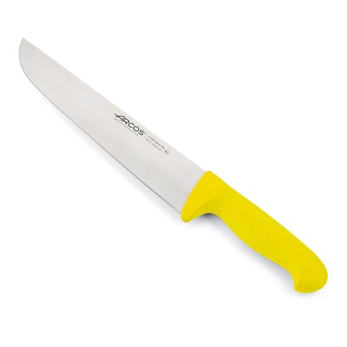 Cuchillo carnicero con Hoja Acero Inoxidable 250 mm. Cuchillo cocina profesional cortar carne, pescado y verduras. Mango ergonómico polioximetileno. Serie 2900. Color amarillo.