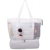 Large Mesh Beach Tote Bag with Zipper and Insulated Picnic Cooler Leak-proof for Beach Pool Outdoor Trave Gym