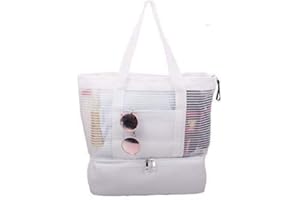FOCI COZI Large Mesh Beach Tote Bag with Zipper and Insulated Picnic Cooler Leak-proof for Beach Pool Outdoor Trave Gym