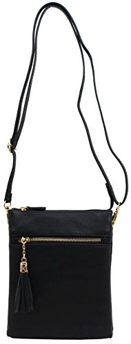 Vegan faux soft leather functional multi compartments crossbody bag with wristlet strap and tassels