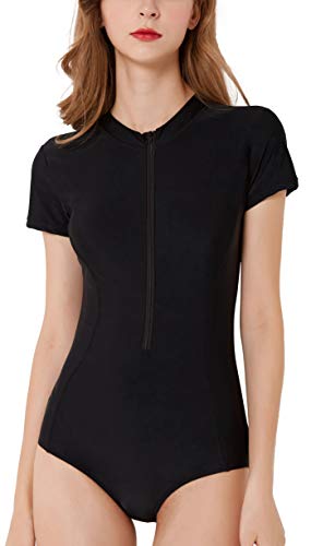 LafyKoly Women's One Piece Long Sleeve Rash Guard UV Protection Printed Surfing Swimsuit Swimwear Bathing Suit (L(US:10-12), Short Sleeve&Pure Black)