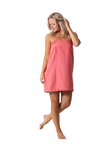 Turkish Linen Women's Waffle Spa Body Wrap with Adjustable Closure (One Size, Coral)