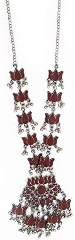 WerKens Indian Fashion Statement Antique German Silver Red Lotus Pendant Long Necklace Girls Women's