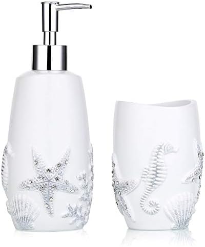 Tideandtales Beach Bathroom Decor 2 Piece Bathroom Accessories Set Ocean Theme Seashell Bathroom Decor With Starfish And Seahorse White Coastal Decor Soap Dispenser Set With Tumbler