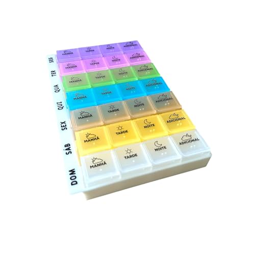 MBB Shop - Caixa Organizador Porta Comprimido Remédio Vitaminas Semanal 2 x Por Dia Manhã e Noite - 28 Compartimentos - Premium (Multicolorido)