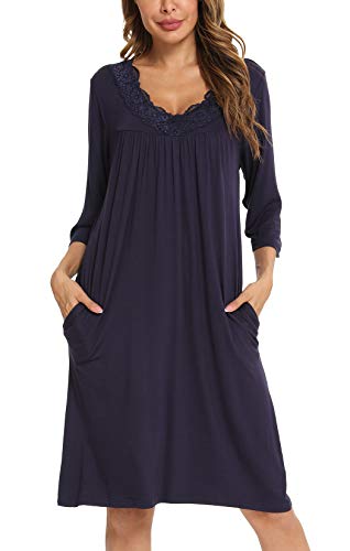 YYA Womens Sleepwear, Lace V Neck Soft Pleated Sleepwear for Women 3/4 Sleeve Navy S