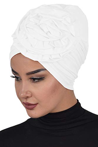Instant Turban Cotton Scarf Head Wrap Cancer Chemo Headwear Rose Detail - White