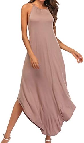 Women's Summer Casual Loose Dress Beach Cover Up Long Cami Maxi Dresses with Pocket