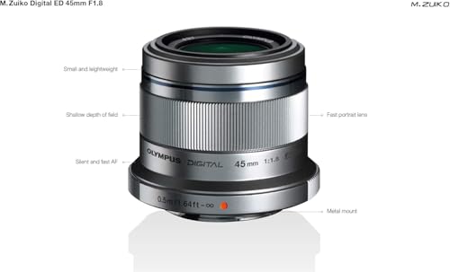 Olympus M.Zuiko Digital 45mm F1.8 Micro Four Thirds, Bright Lens Compatible with OM SYSTEM and Pansonic Mirrorless Cameras, Quick Focus, Ideal for Portraits, Silver,