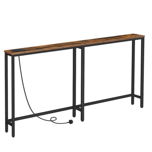 HOOBRO Extra Narrow Console Table with Power Outlets, Skinny Entryway Table for Living Room, 160 cm Slim Behind Couch Table, Thin Sofa Table for Hallway, Foyer, Rustic Brown and Black EBF165KXG01