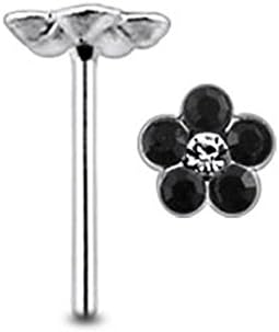 Black Gem Flower with Center Clear Gem Sterling Silver Straight Nose pin Body jewelry